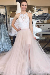 Pearl Pink Tulle A Line Lace Top Long Sleeveless Prom Dresses DMQ2